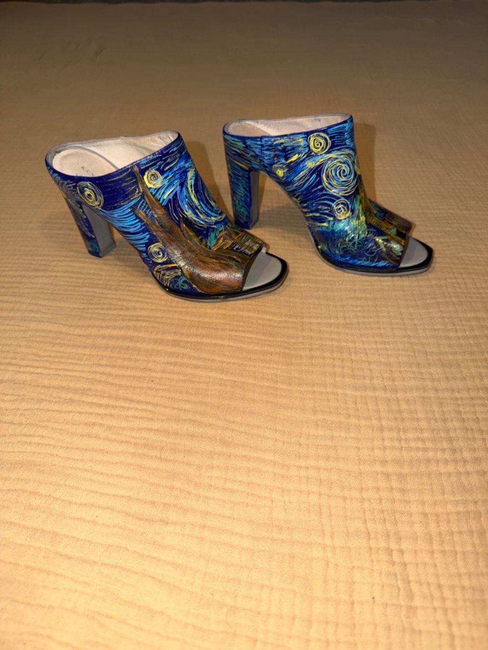 Custom Hand Painted Starry Night Van Gogh Open-Toe Leather Kenneth Cole Heels